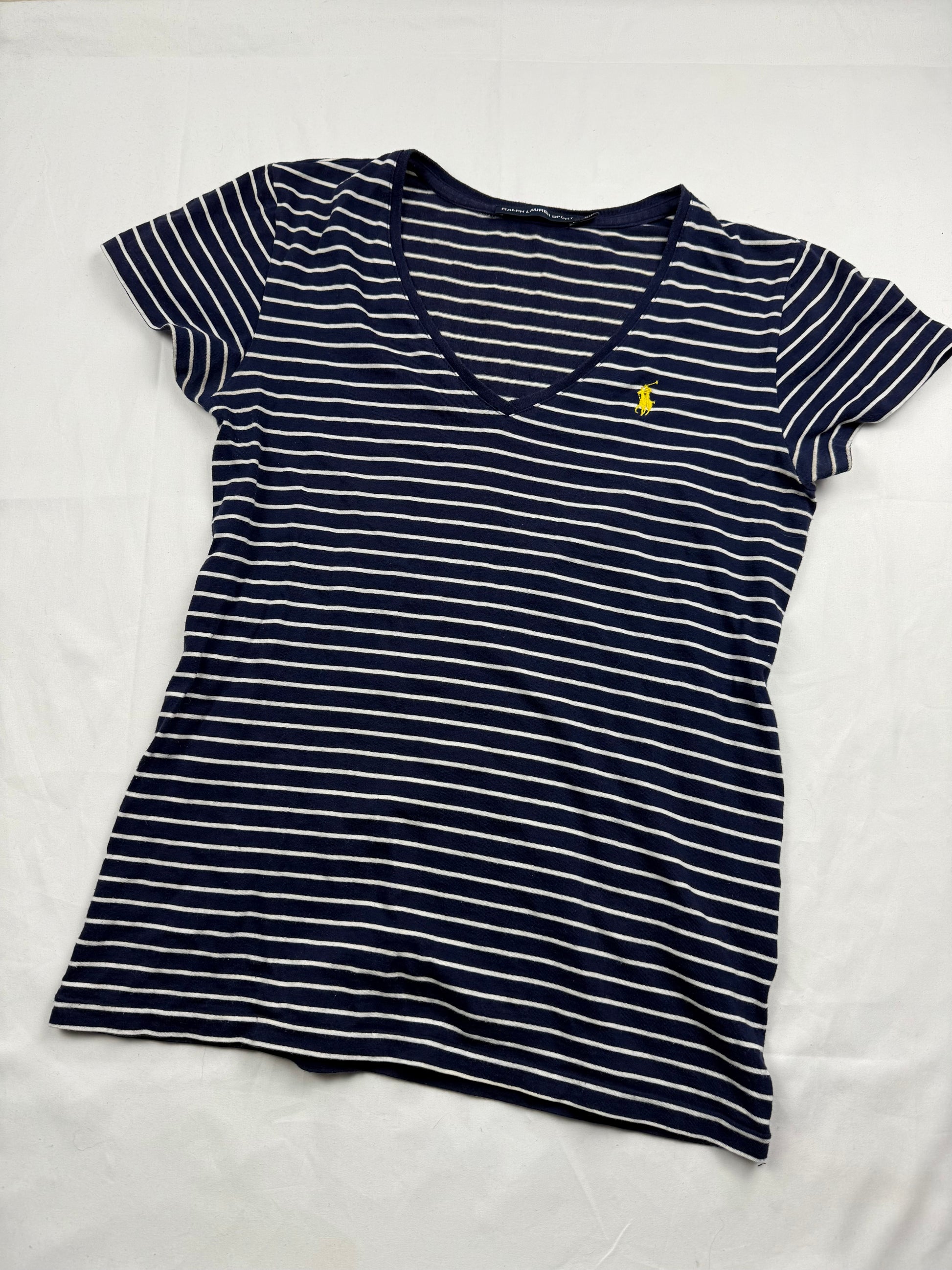 Navy striped cotton V neck tight fit tee (S)