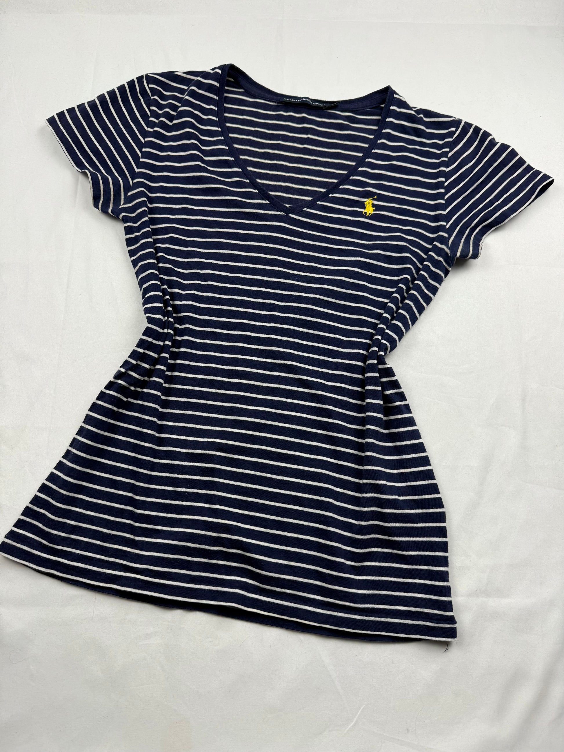 Navy striped cotton V neck tight fit tee (S)