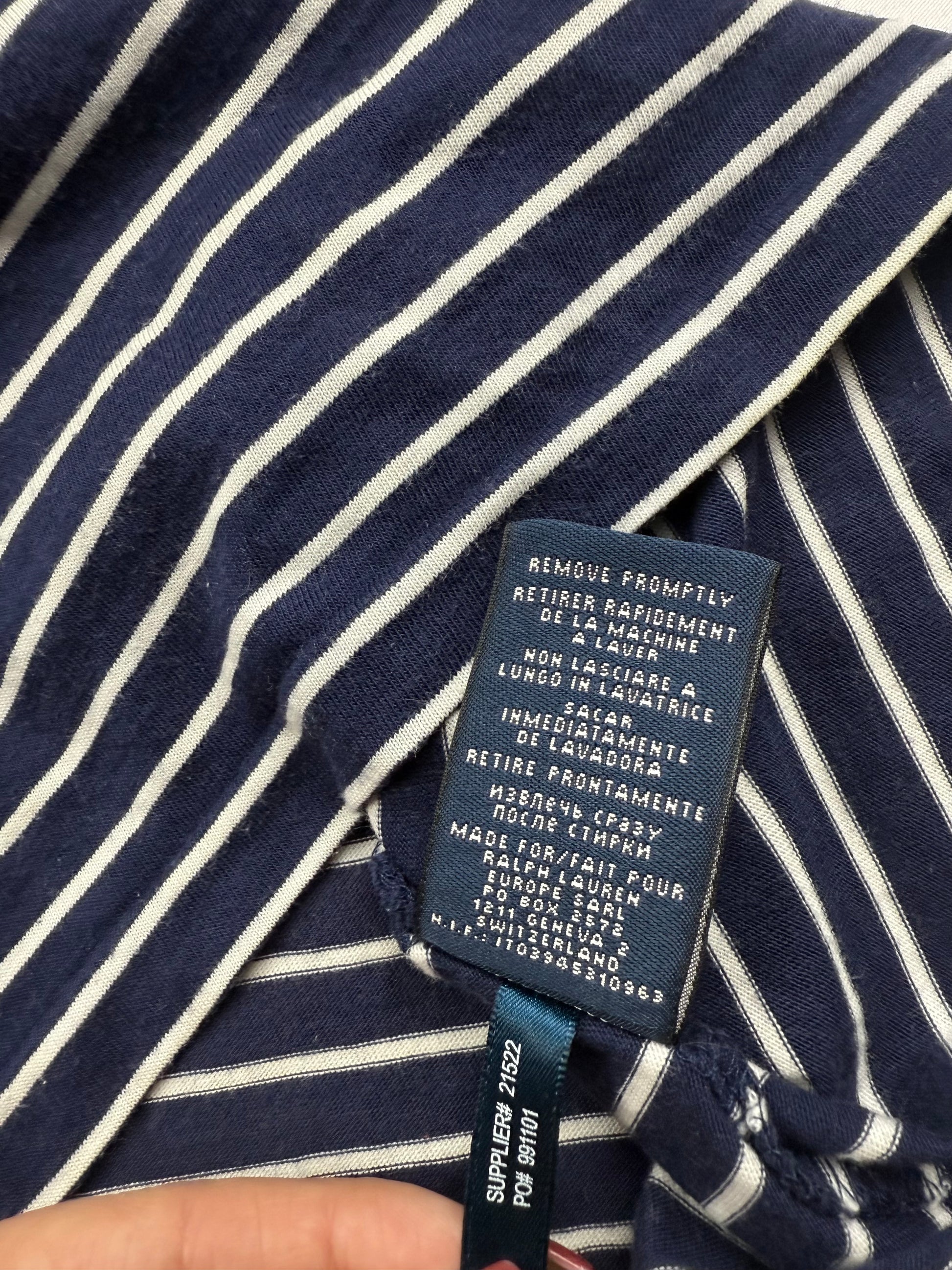 Navy striped cotton V neck tight fit tee (S)