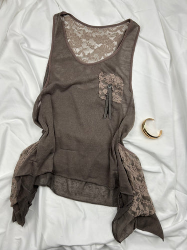 Khaki lace asymmetric tank top (XL)