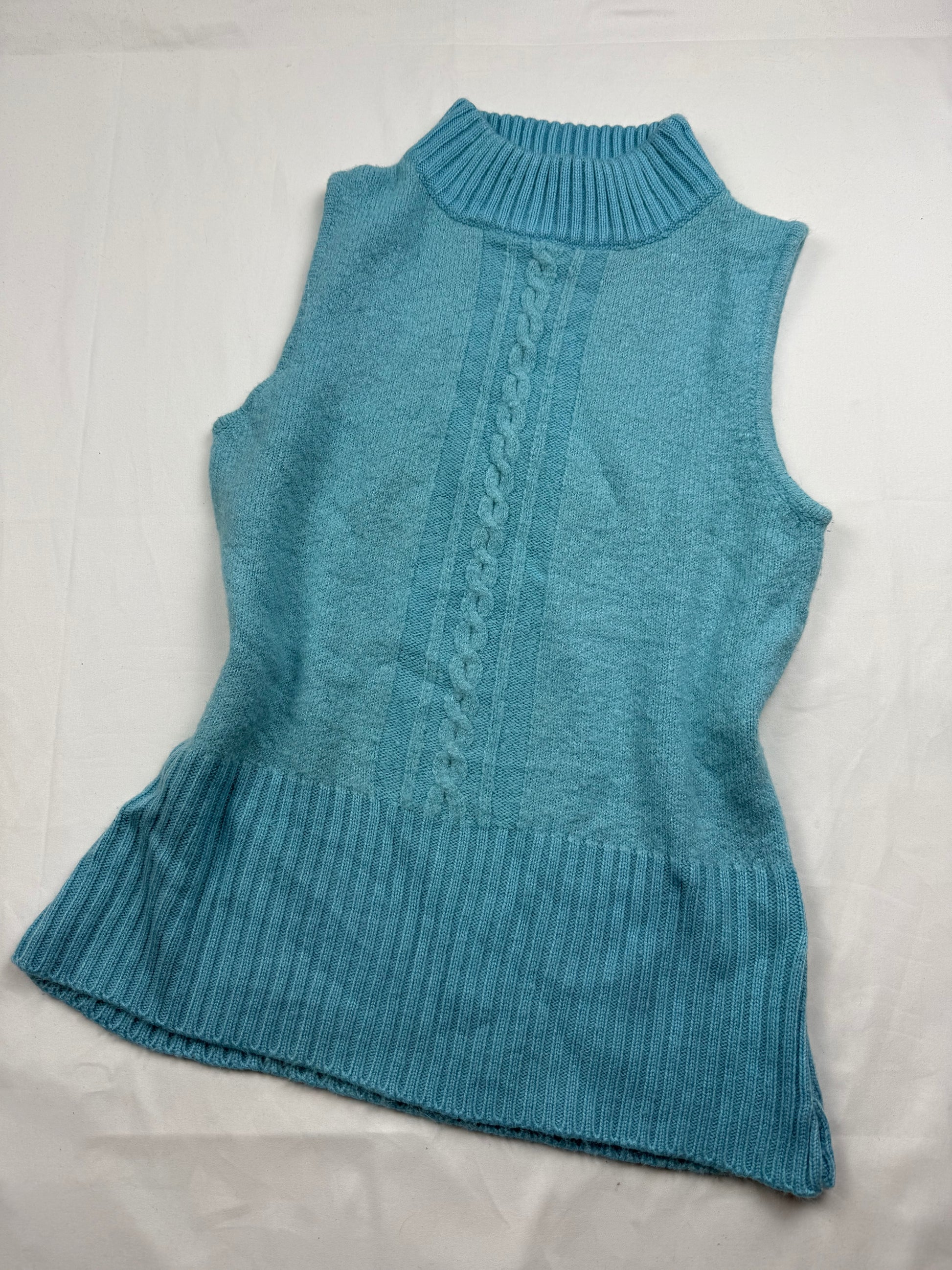 Baby blue knitted high neck sleeveless jumper (S/M)