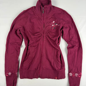 Burgundy 100% cotton ruched zip up tight fit sweatshirt (M)