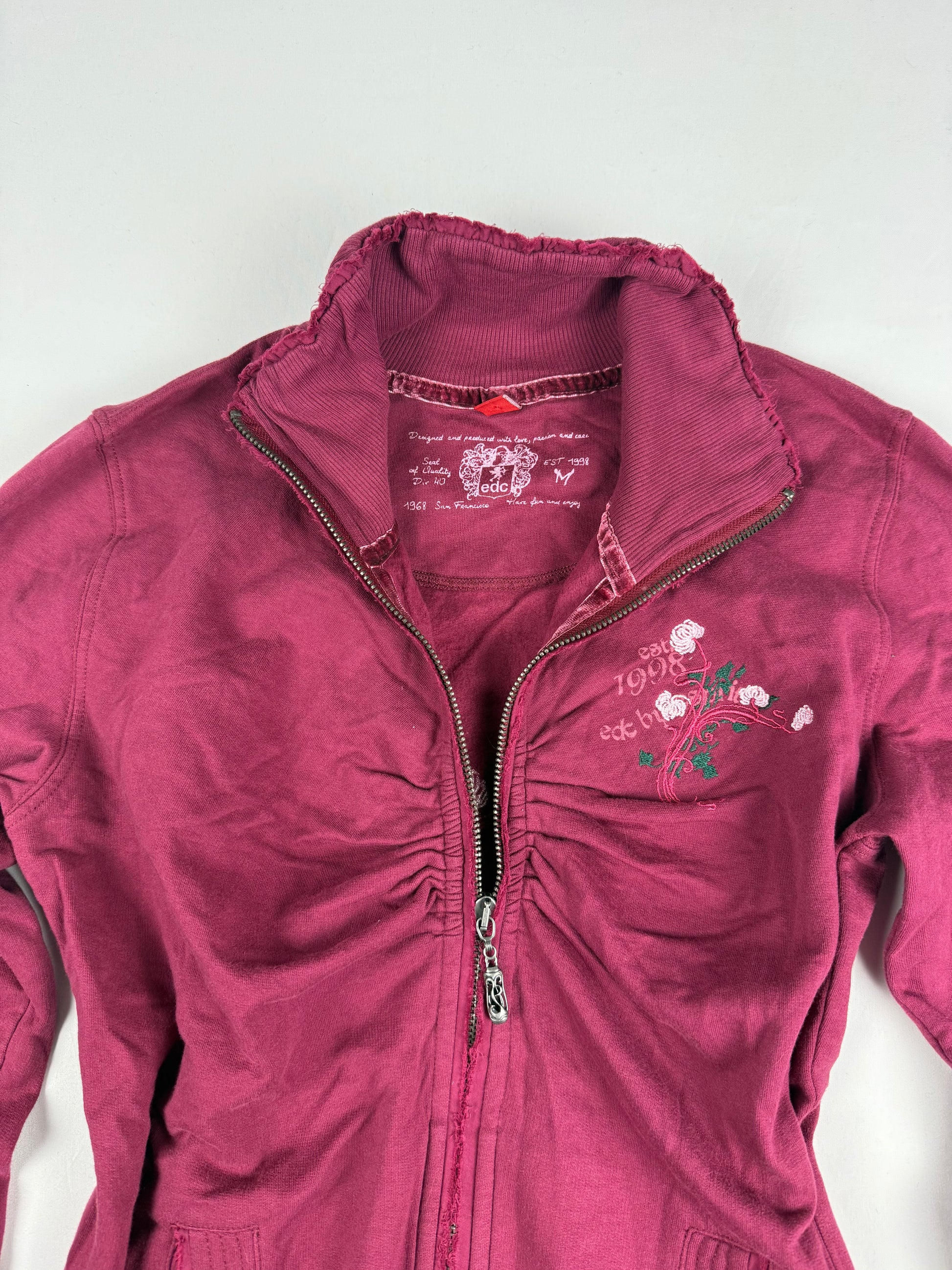 Burgundy 100% cotton ruched zip up tight fit sweatshirt (M)