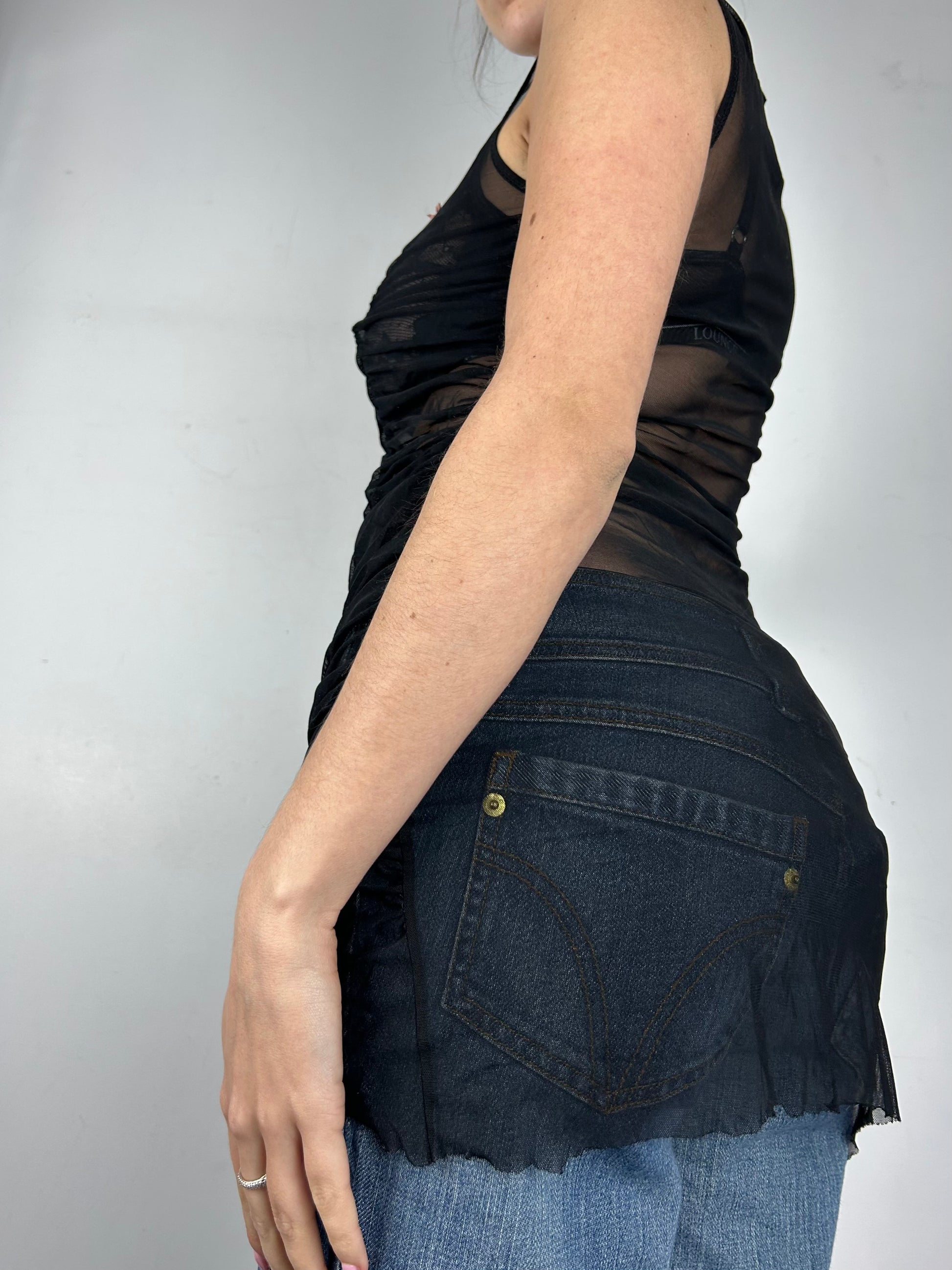 Black mesh ruched top / mini dress (M)