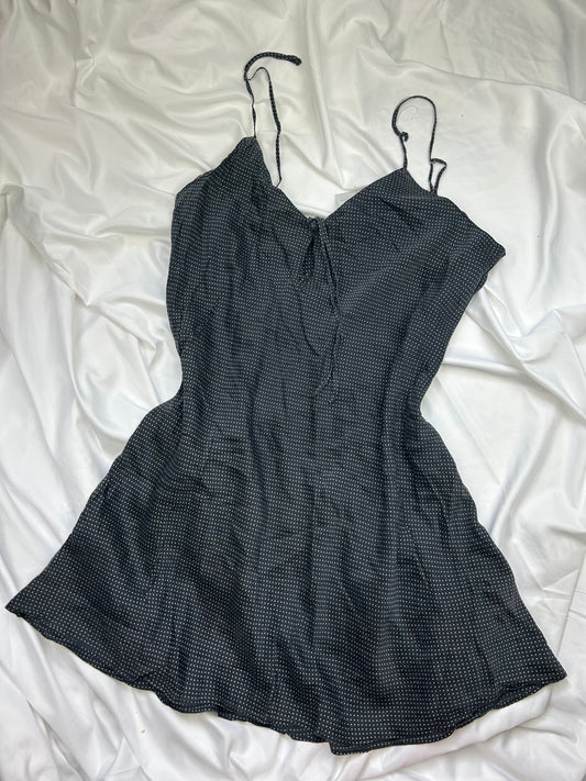 Black polka dots 100% silk babydoll mini dress (L)
