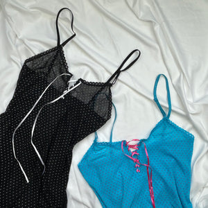 Polka dots mesh lace up babydoll mini dress (S)