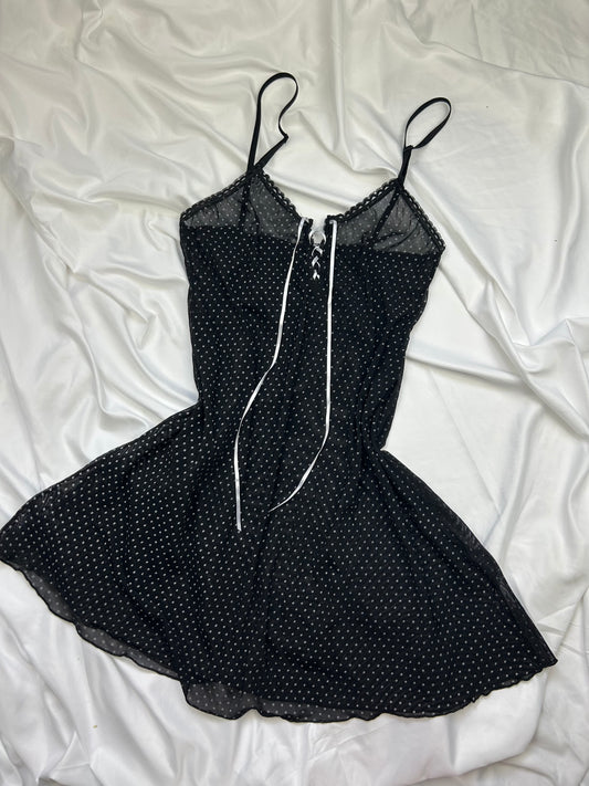 Polka dots mesh lace up babydoll mini dress (S)