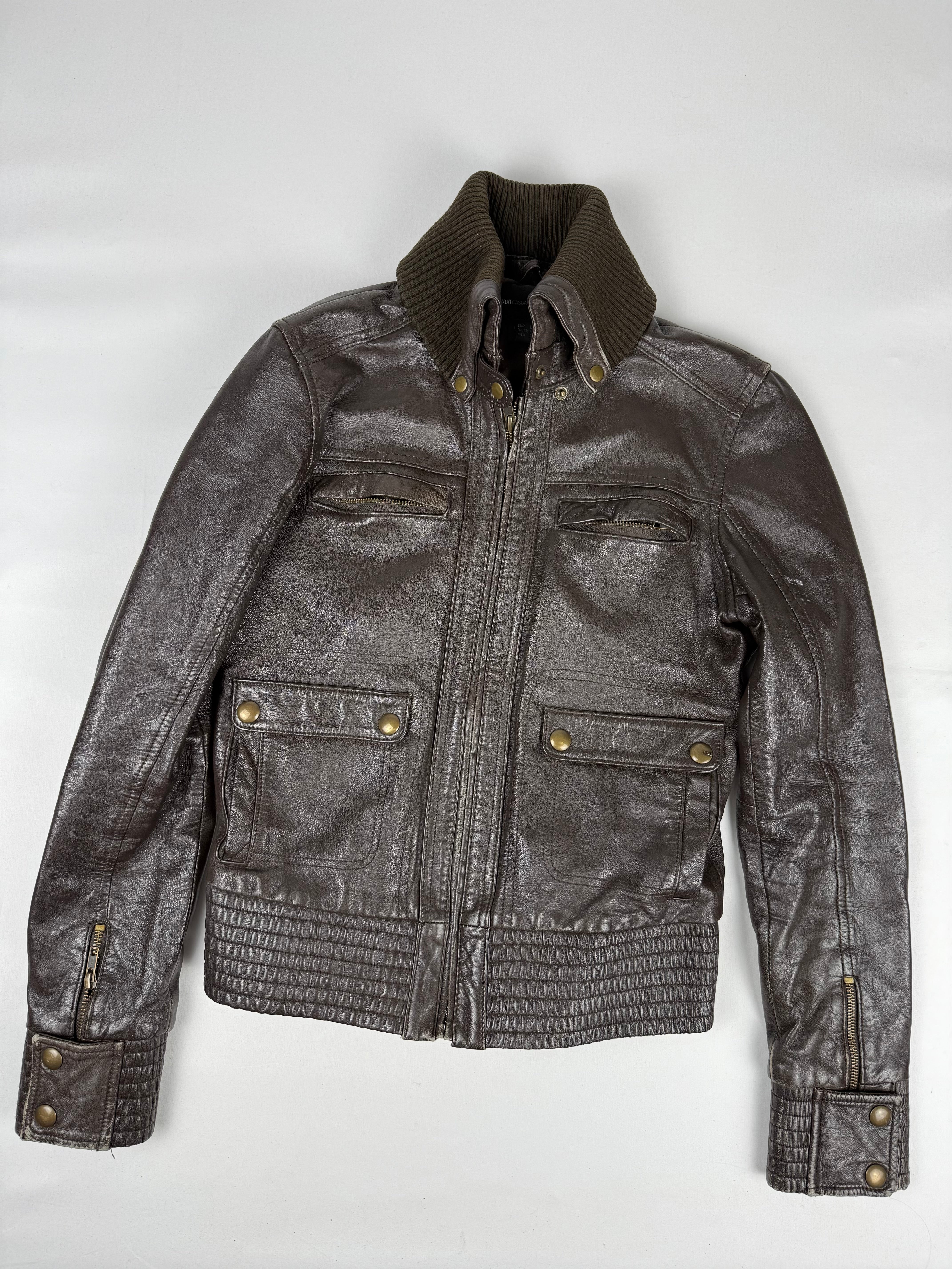 Brown real leather biker jacket (L)