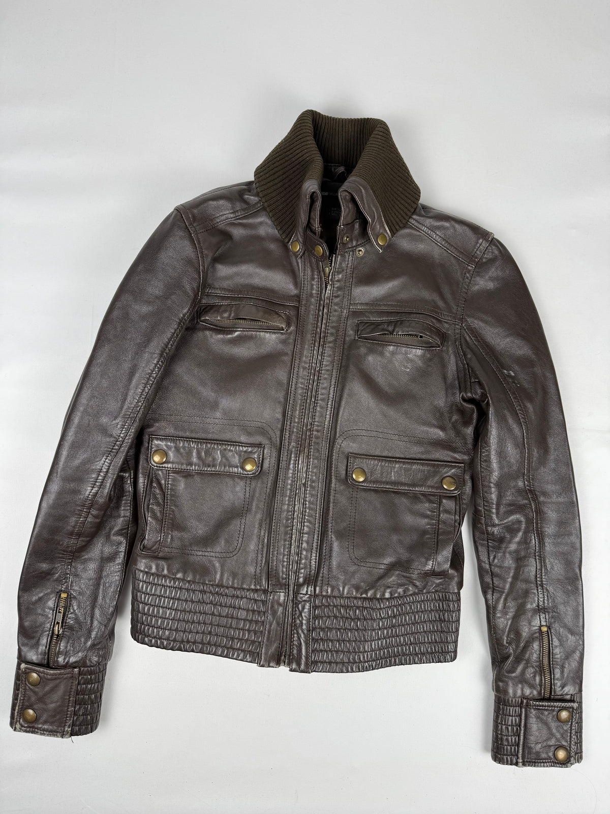 Brown real leather biker jacket (L)
