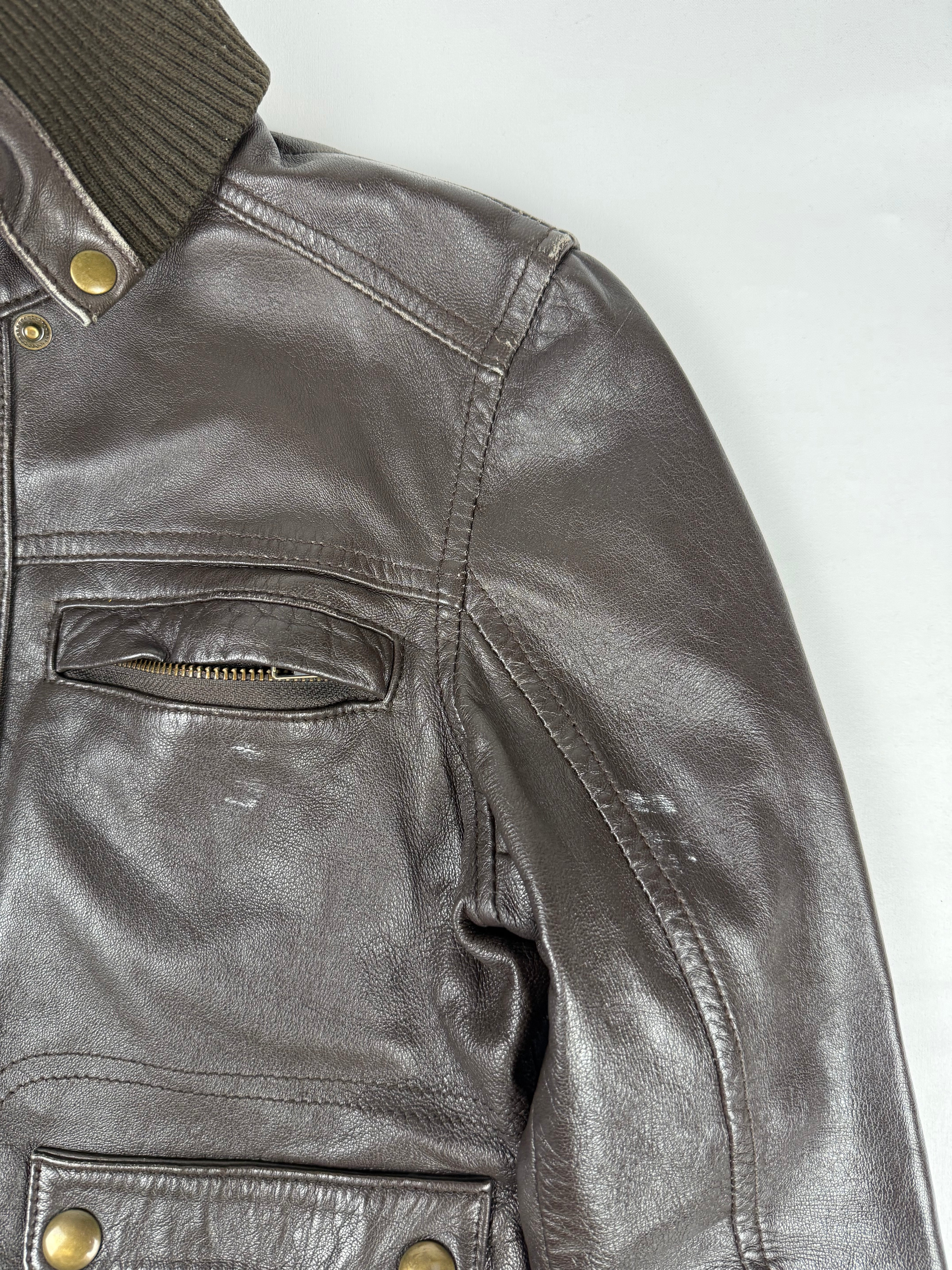 Brown real leather biker jacket (L)