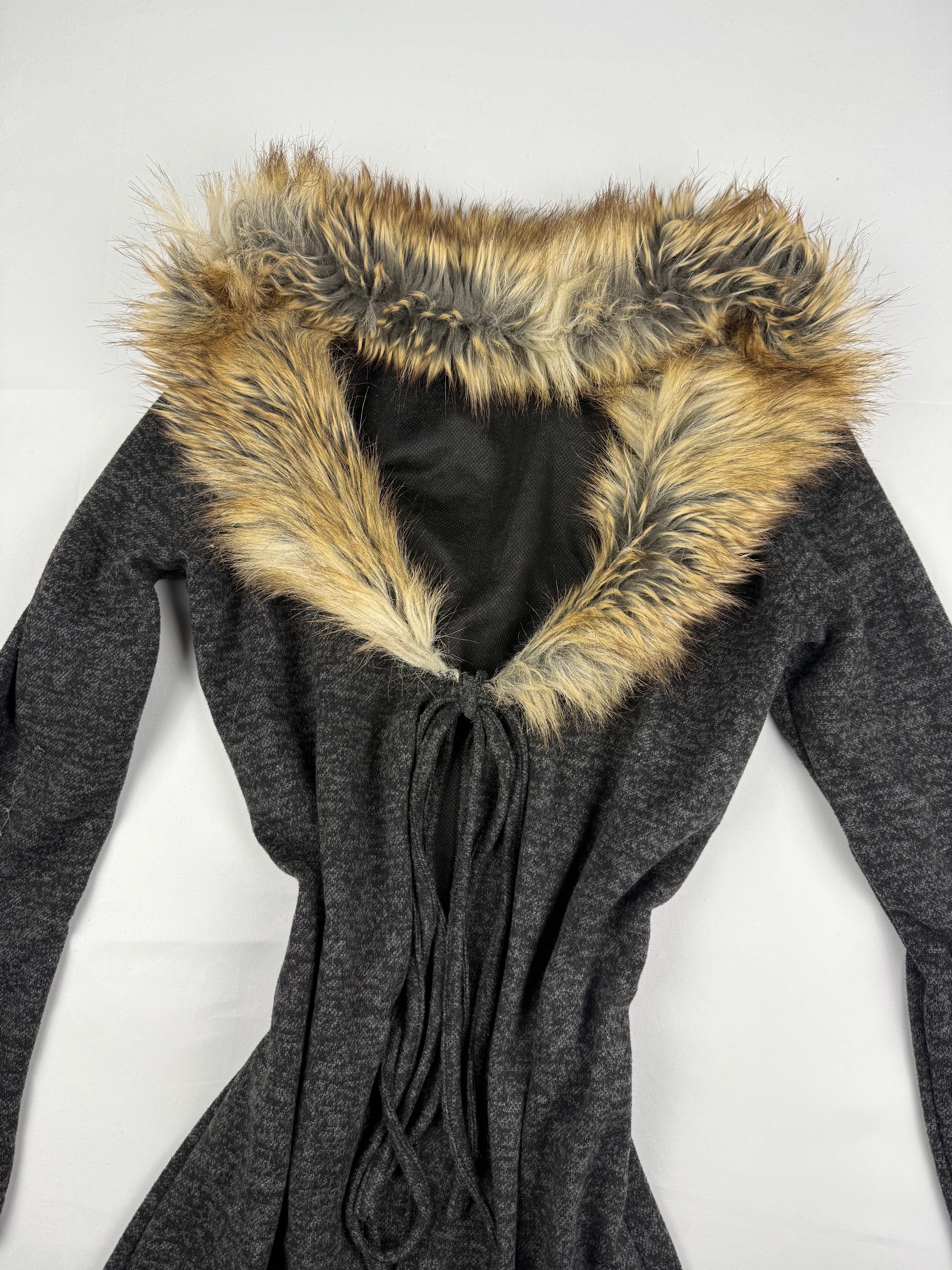 Grey faux fur neck maxi maxi cardigan jumper (M)