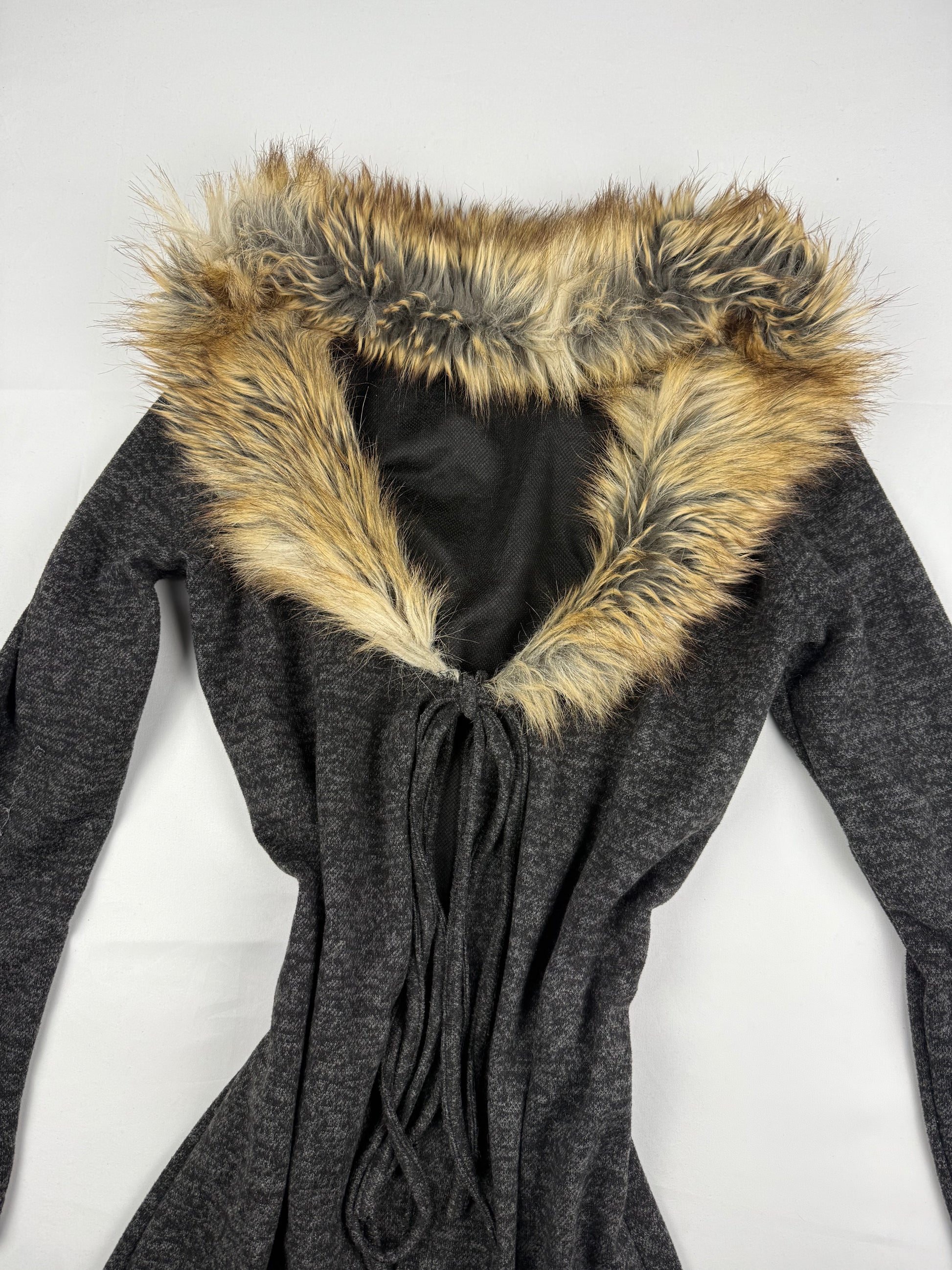 Grey faux fur neck maxi maxi cardigan jumper (M)