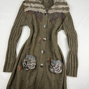 Khaki tight fit faux fur neck long cardigan jumper (S/M)