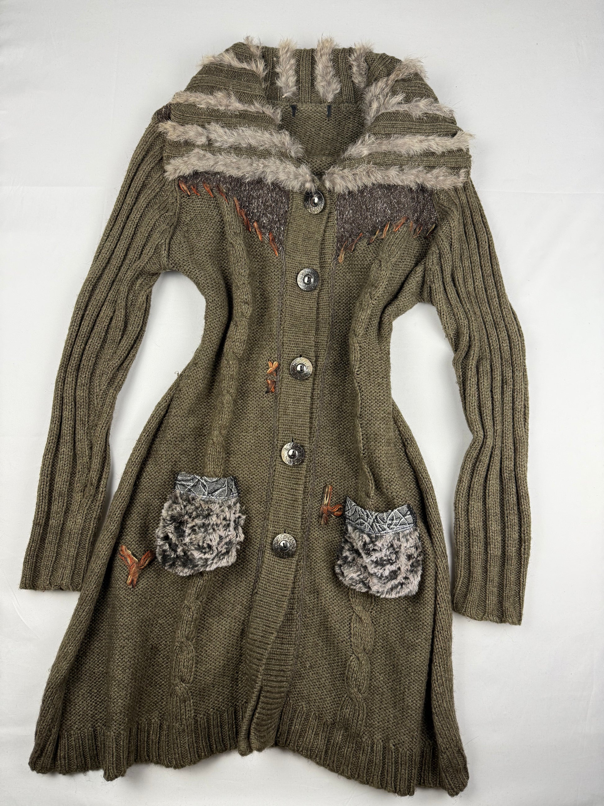 Khaki tight fit faux fur neck long cardigan jumper (S/M)