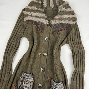 Khaki tight fit faux fur neck long cardigan jumper (S/M)
