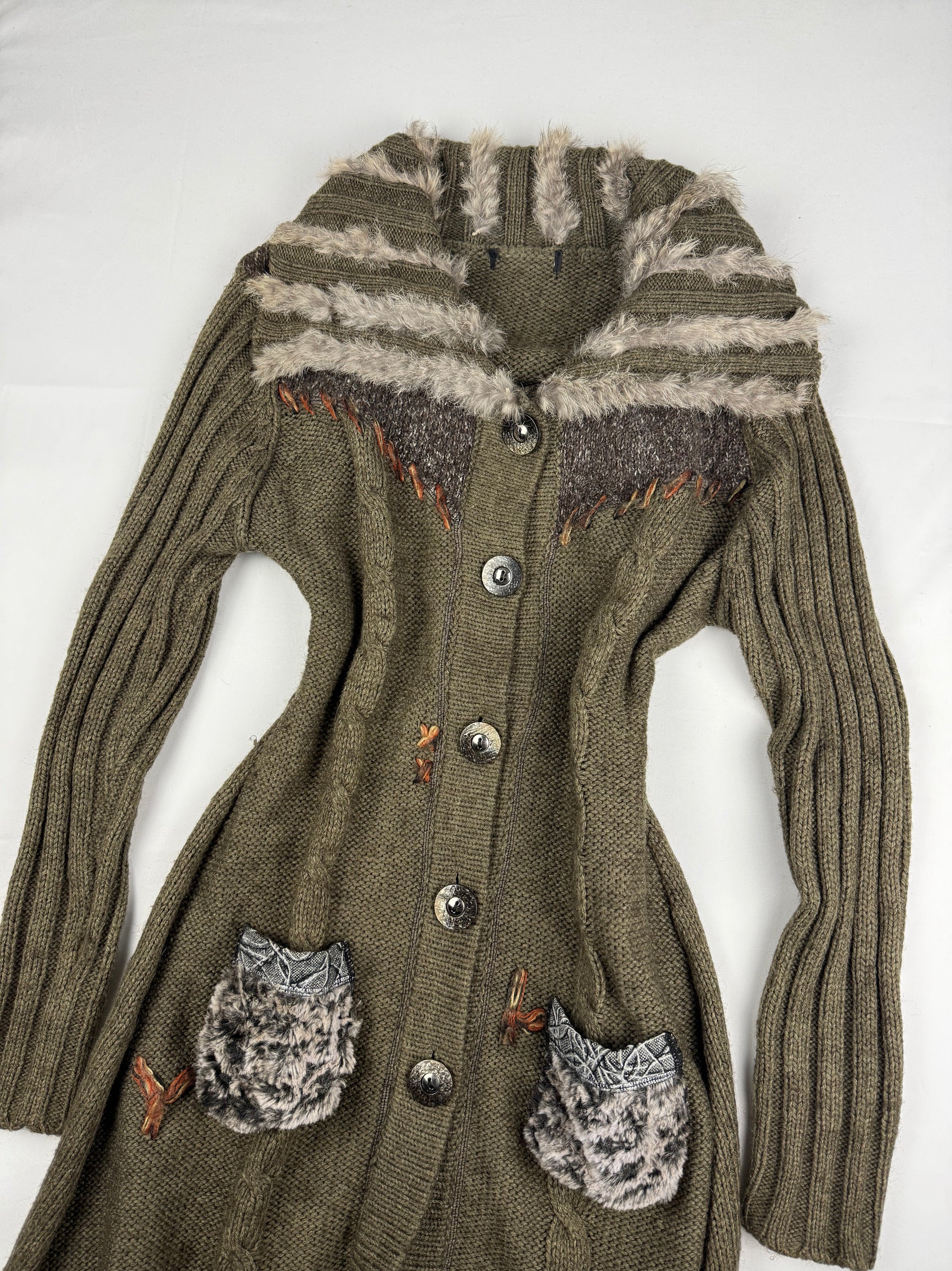 Khaki tight fit faux fur neck long cardigan jumper (S/M)