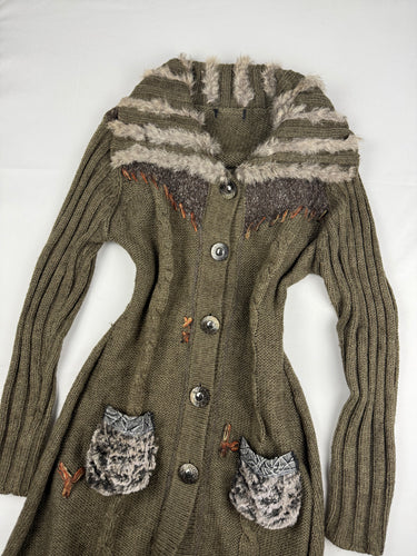 Khaki tight fit faux fur neck long cardigan jumper (S/M)