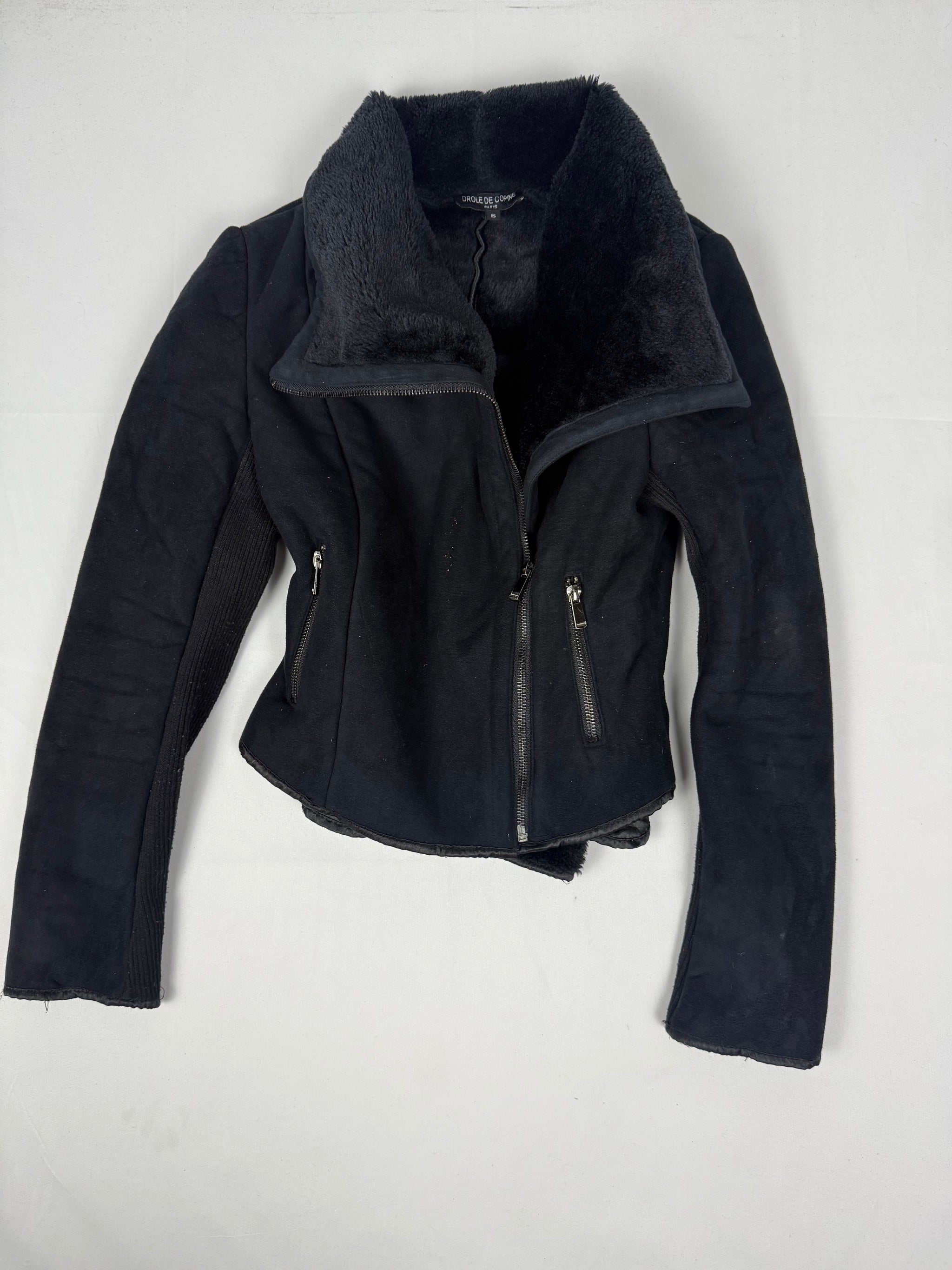 Black suede inside faux fur jacket (S)