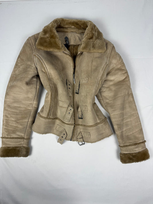 Beige suede inside faux fur jacket (L)