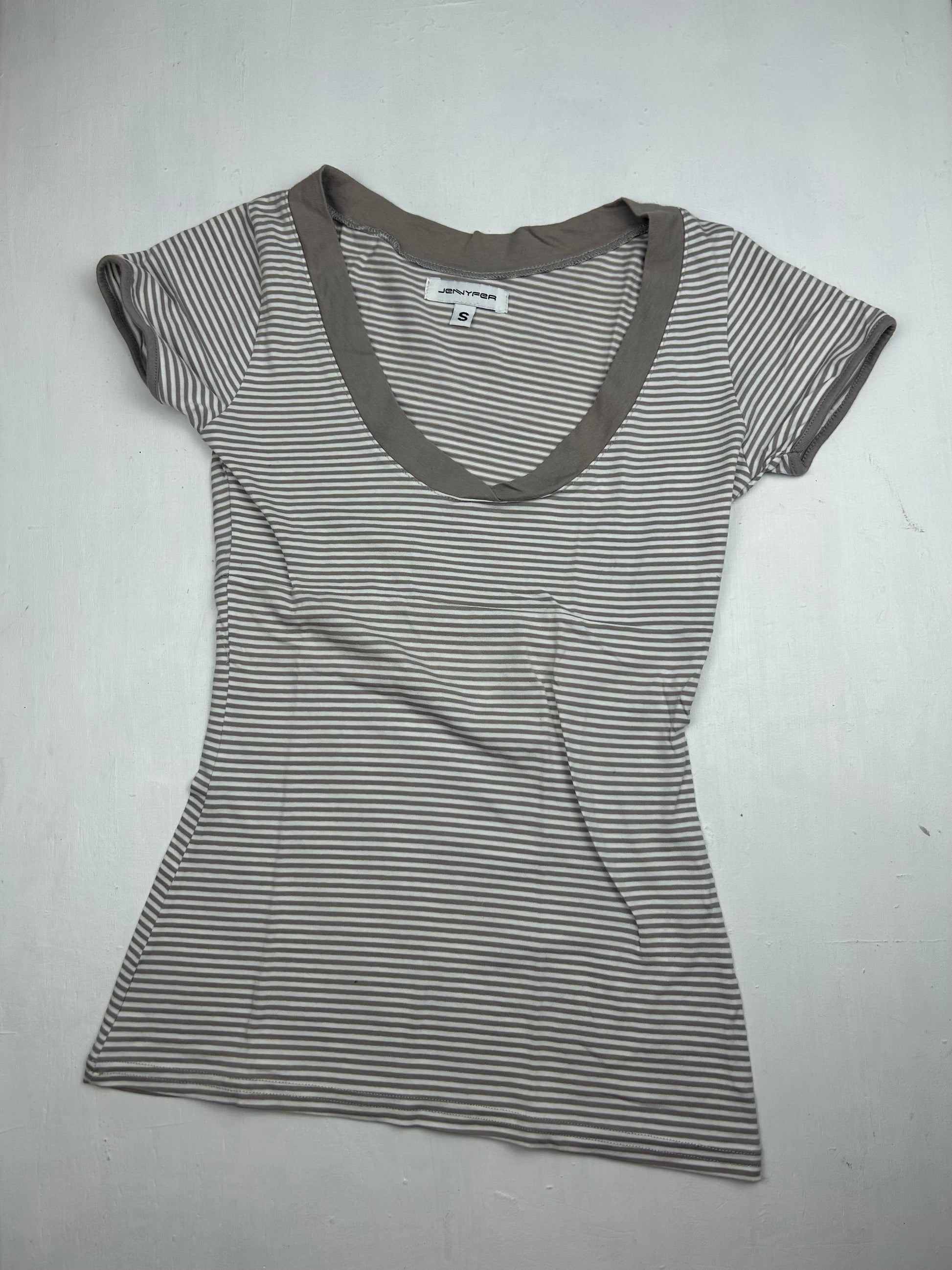 Beige striped V neck tee (S)
