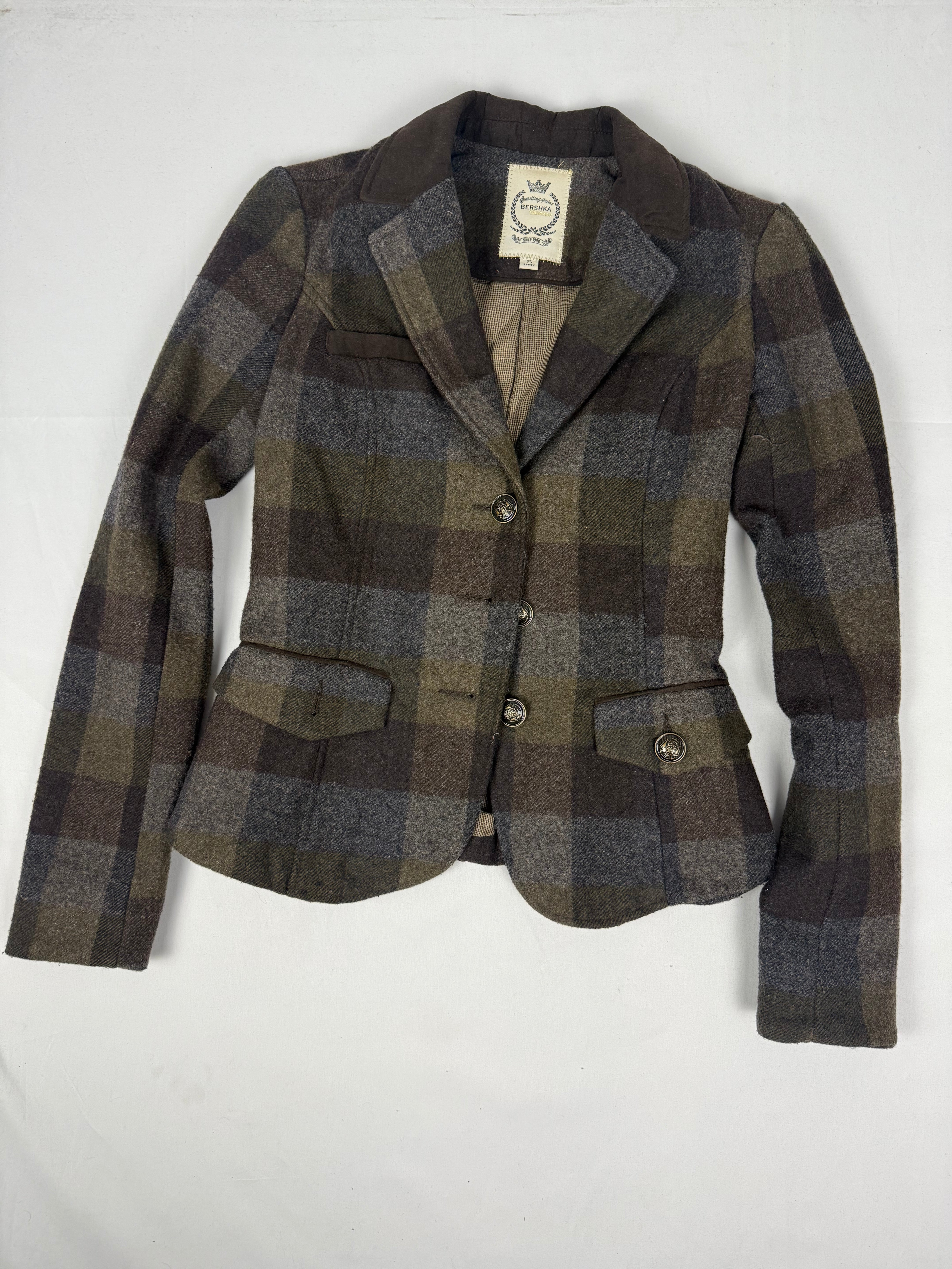 Khaki check print wool office blazer jacket (S)
