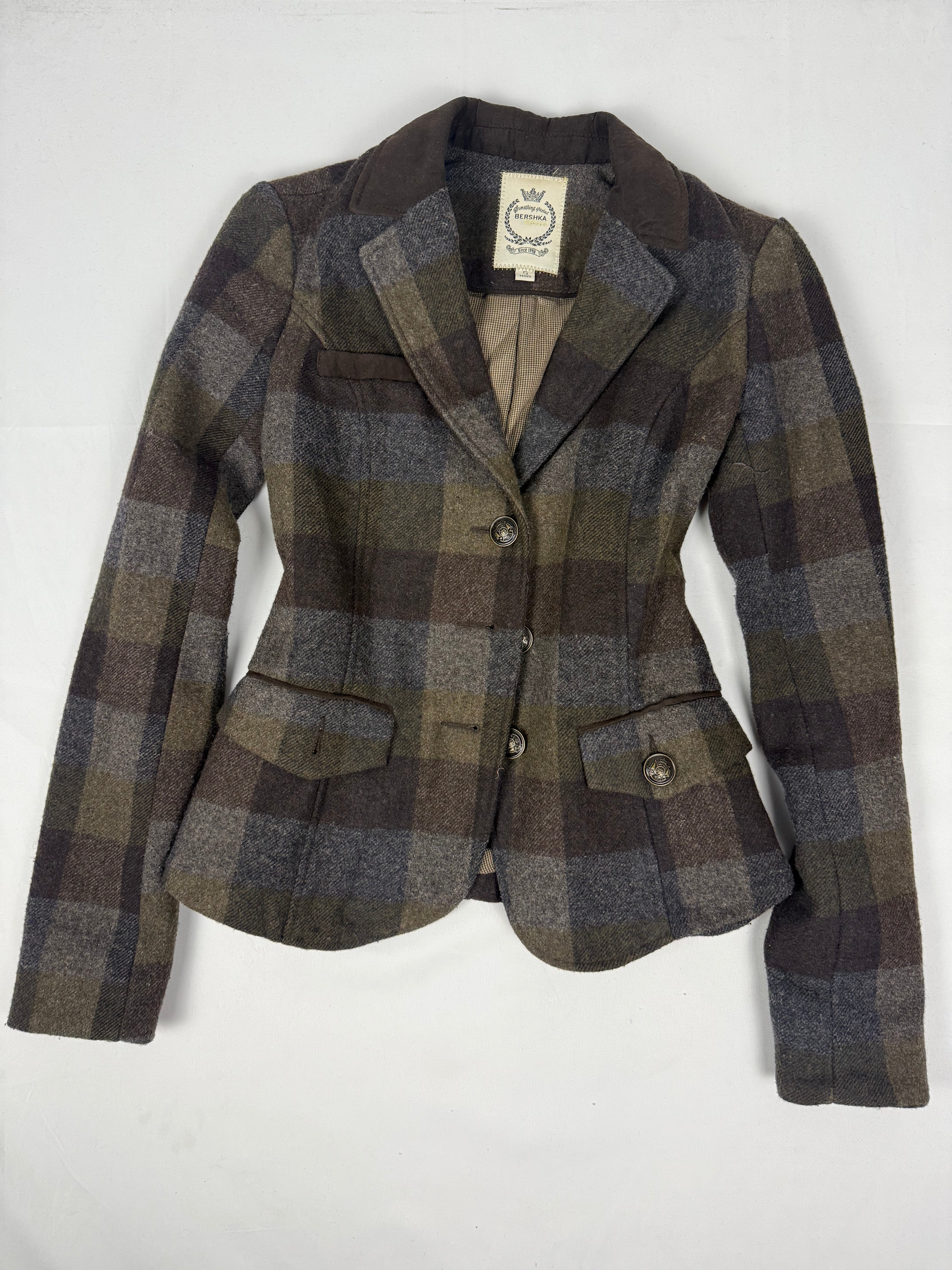 Khaki check print wool office blazer jacket (S)