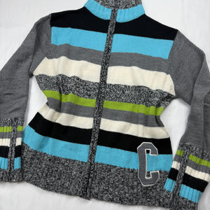 Grey striped zip up cardigan jumper (L)