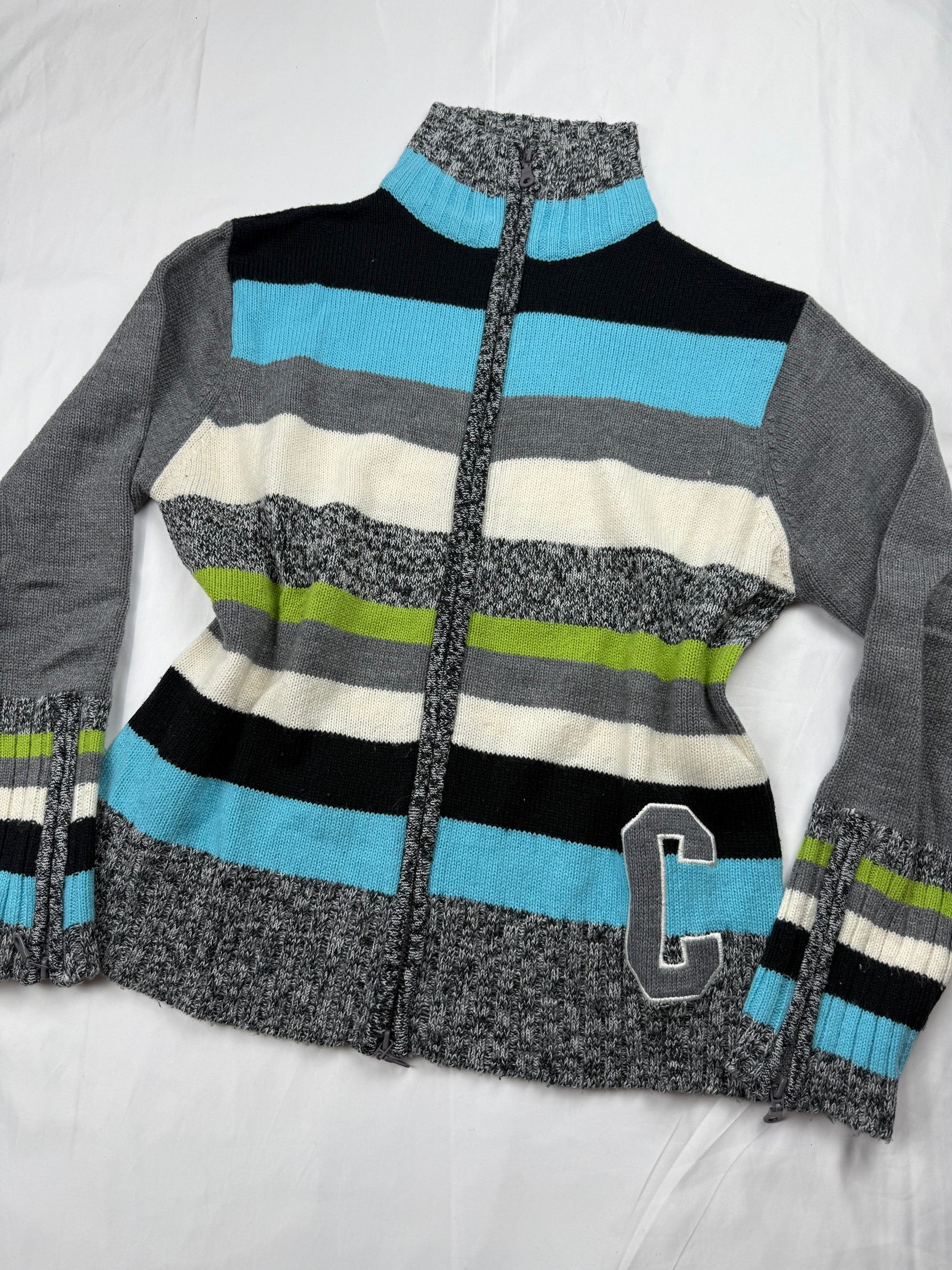 Grey striped zip up cardigan jumper (L)