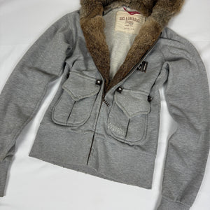 Grey cotton real fur zip up tight fit hooded jacket (S)