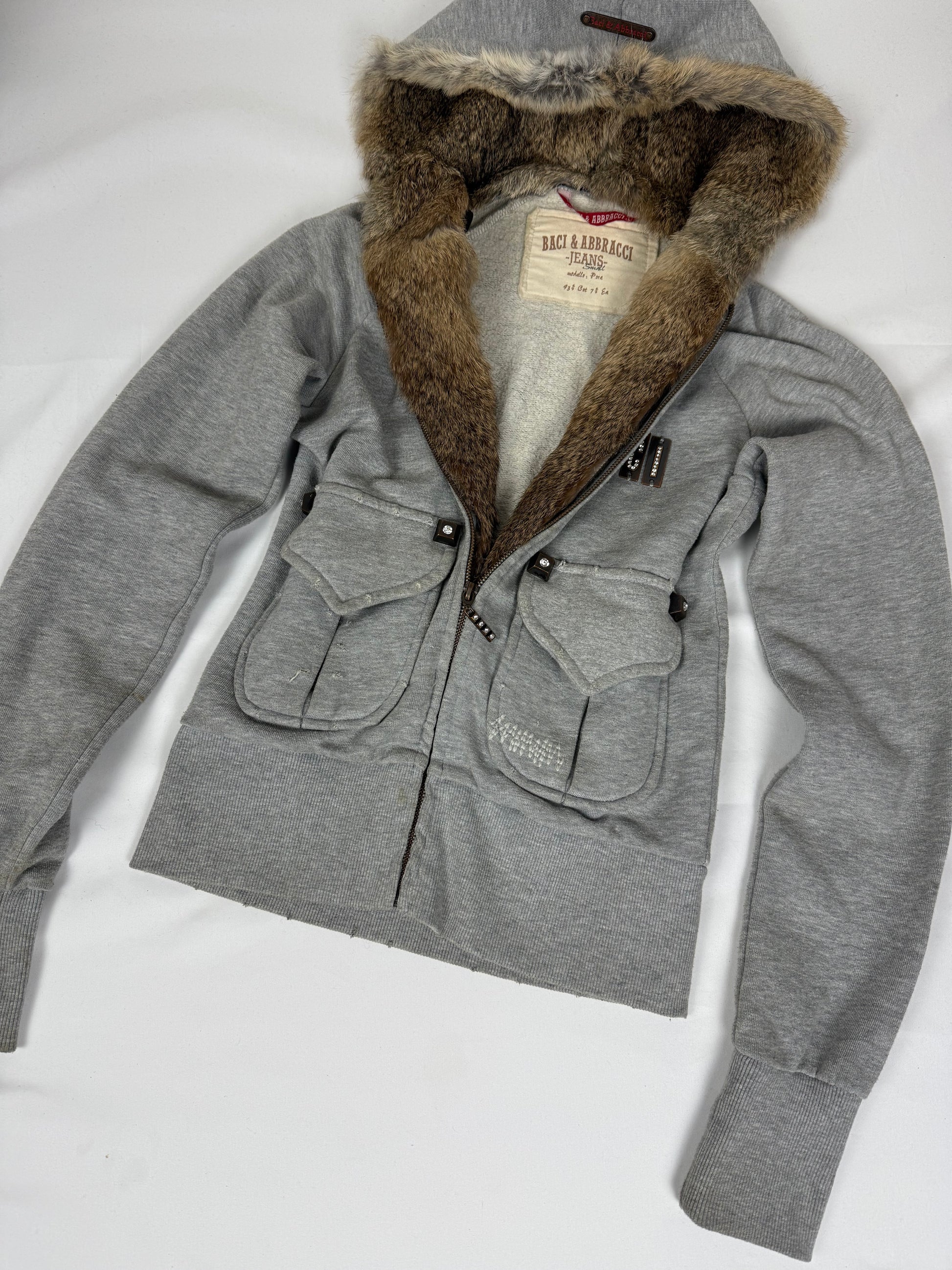 Grey cotton real fur zip up tight fit hooded jacket (S)