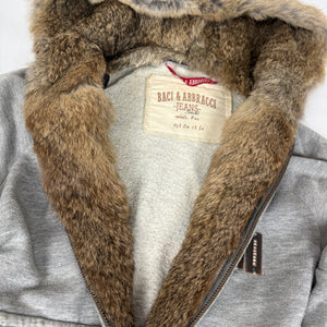 Grey cotton real fur zip up tight fit hooded jacket (S)