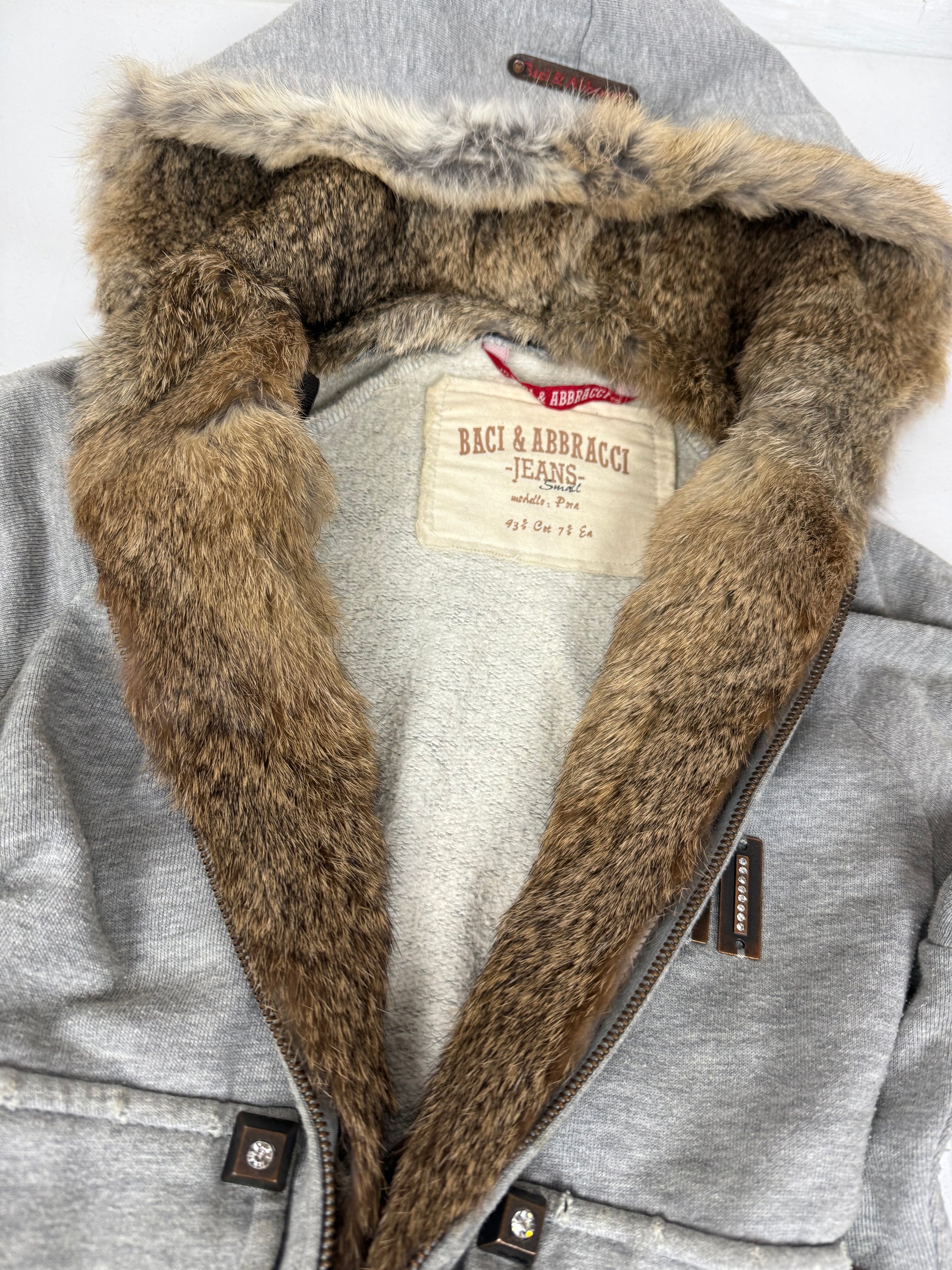 Grey cotton real fur zip up tight fit hooded jacket (S)