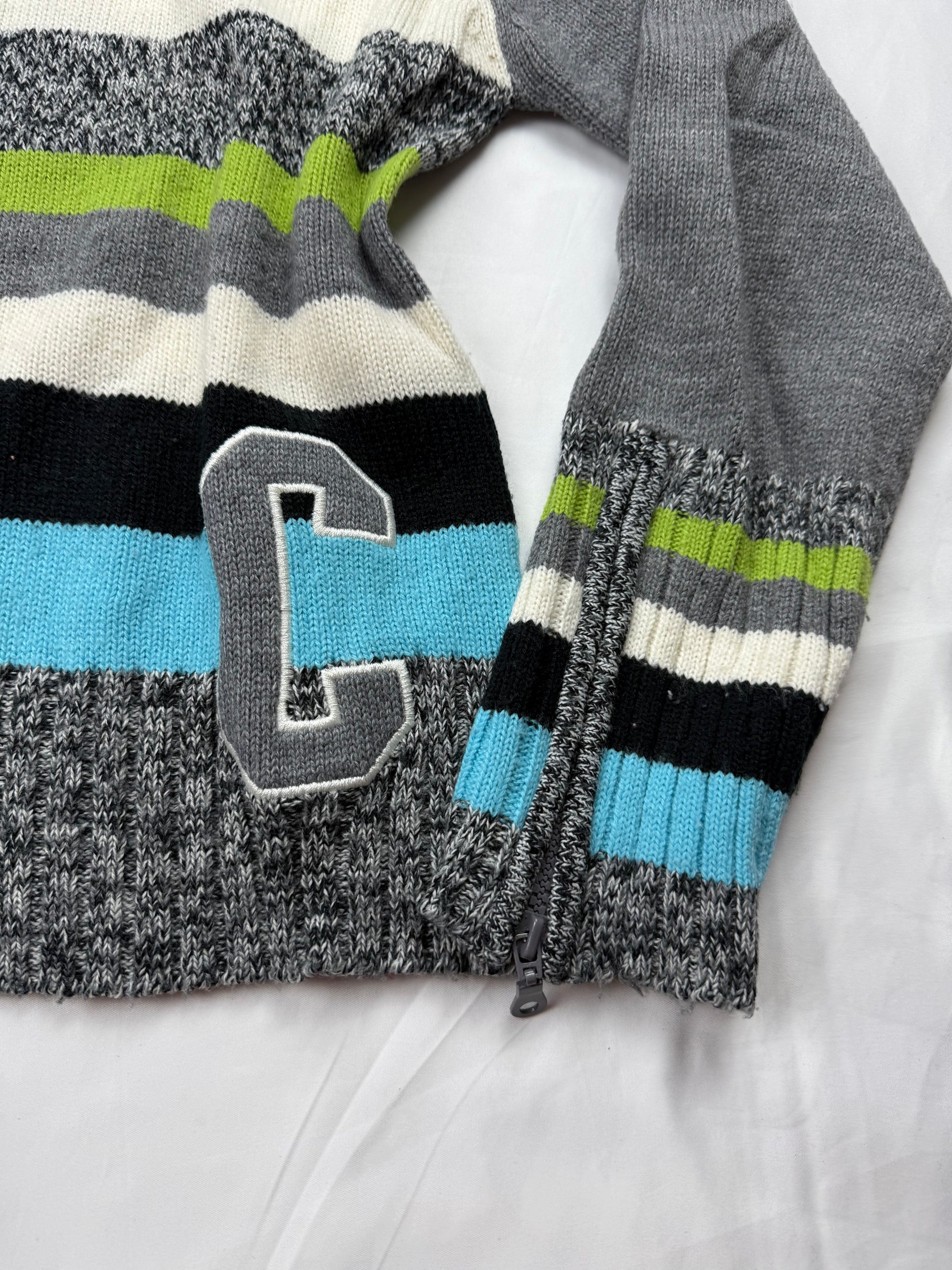 Grey striped zip up cardigan jumper (L)