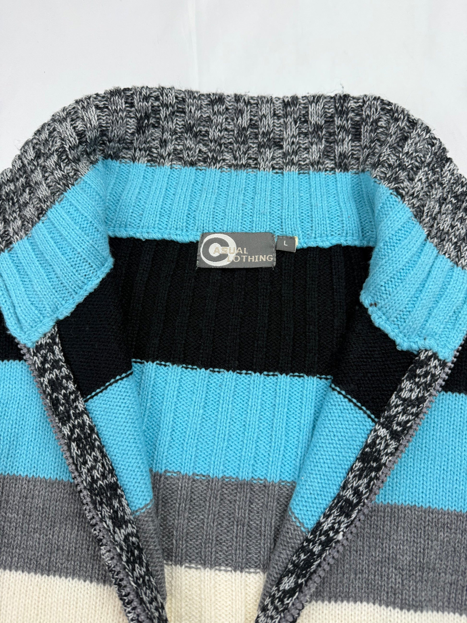 Grey striped zip up cardigan jumper (L)