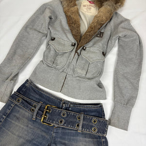 Grey cotton real fur zip up tight fit hooded jacket (S)