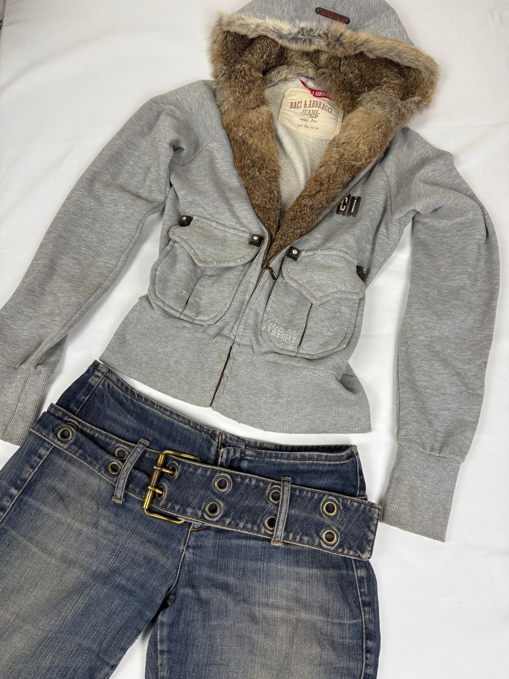 Grey cotton real fur zip up tight fit hooded jacket (S)