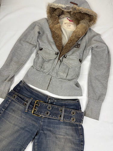 Grey cotton real fur zip up tight fit hooded jacket (S)