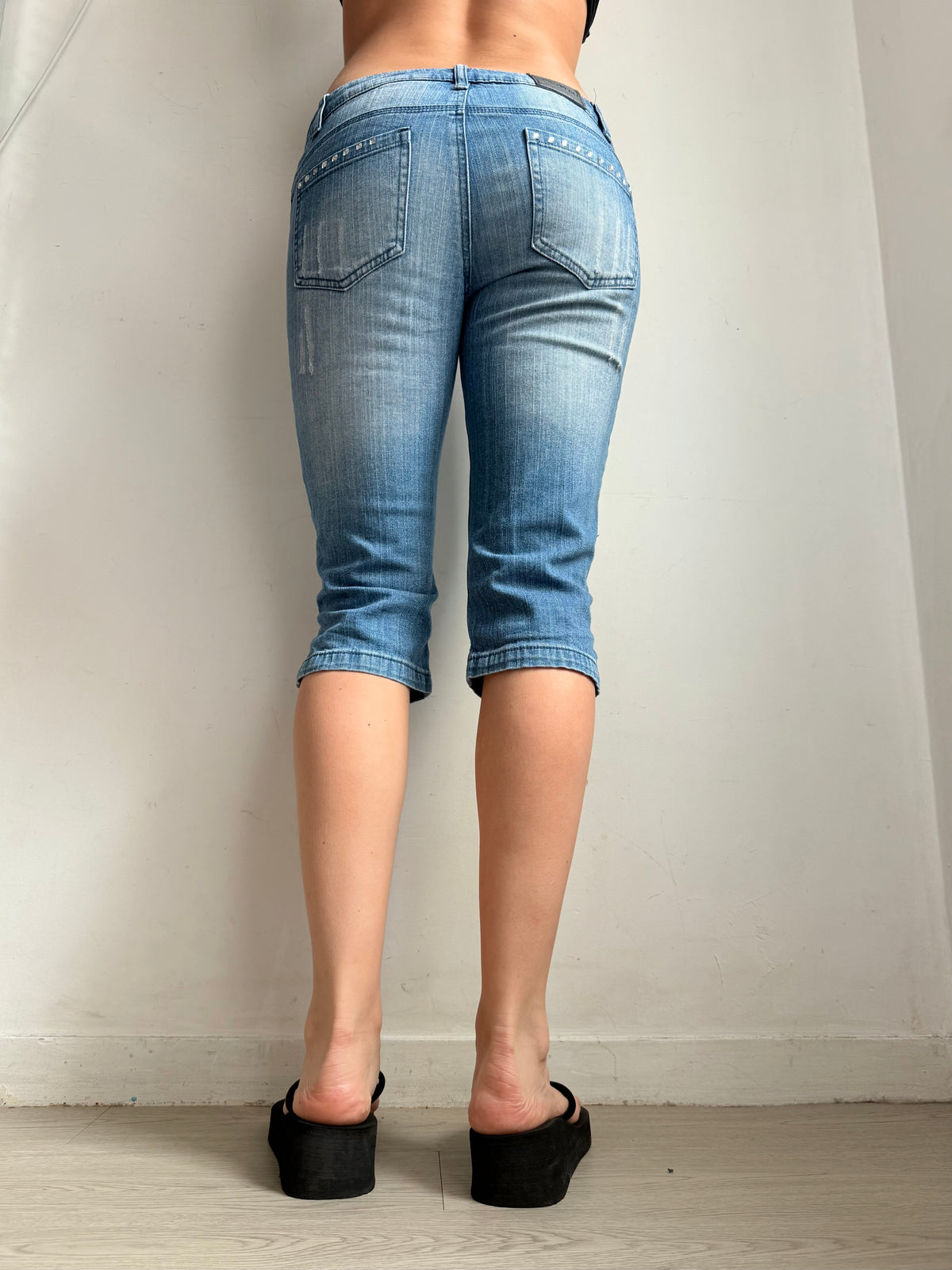 Pantalon droit taille basse en jean noir (XS)