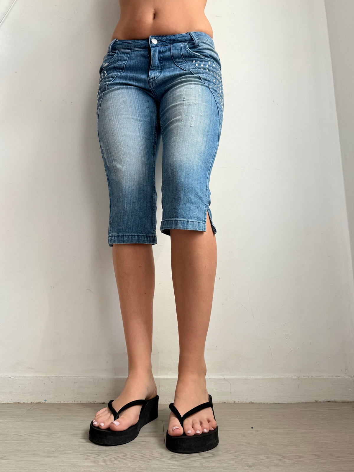Pantalon droit taille basse en jean noir (XS)