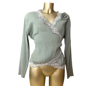 Khaki pleated embroidered cardigan top (M/L)