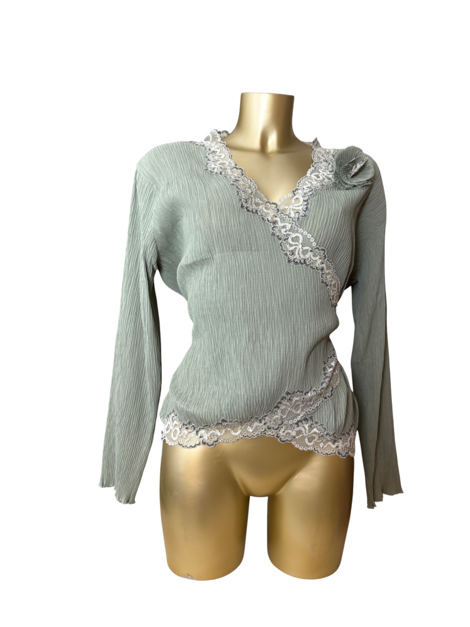 Khaki pleated embroidered cardigan top (M/L)