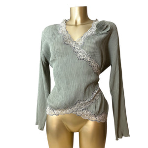 Khaki pleated embroidered cardigan top (M/L)
