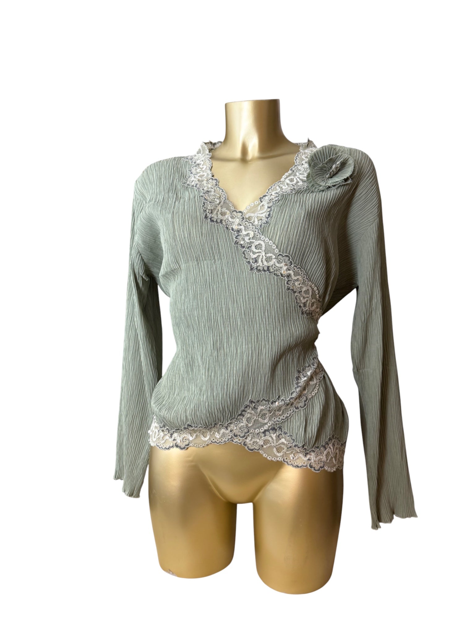 Khaki pleated embroidered cardigan top (M/L)