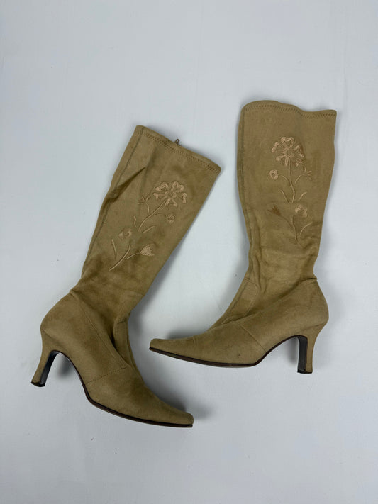 Beige floral embroidered knee high boots (39)
