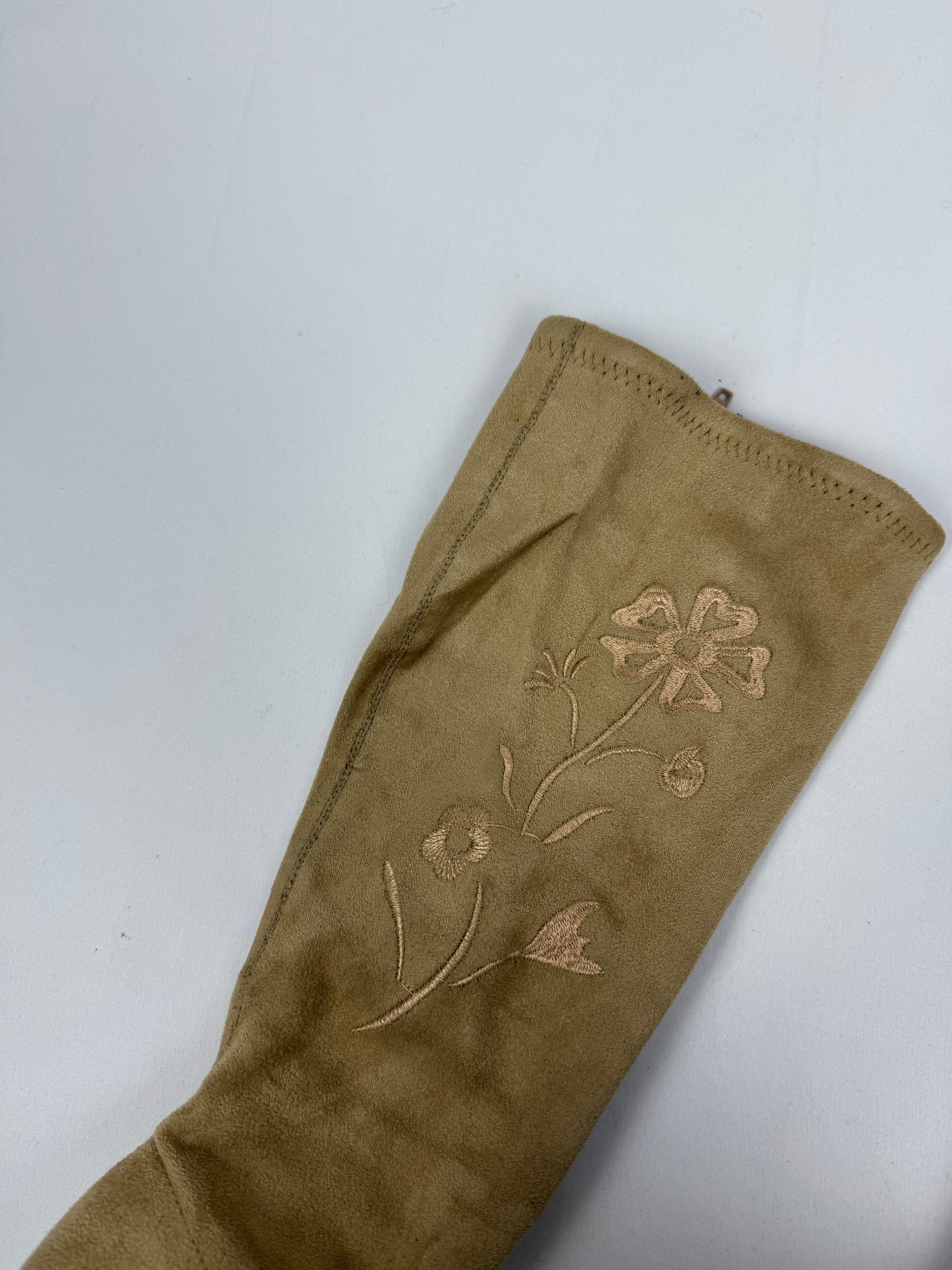 Beige floral embroidered knee high boots (39)