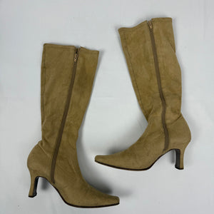 Beige floral embroidered knee high boots (39)