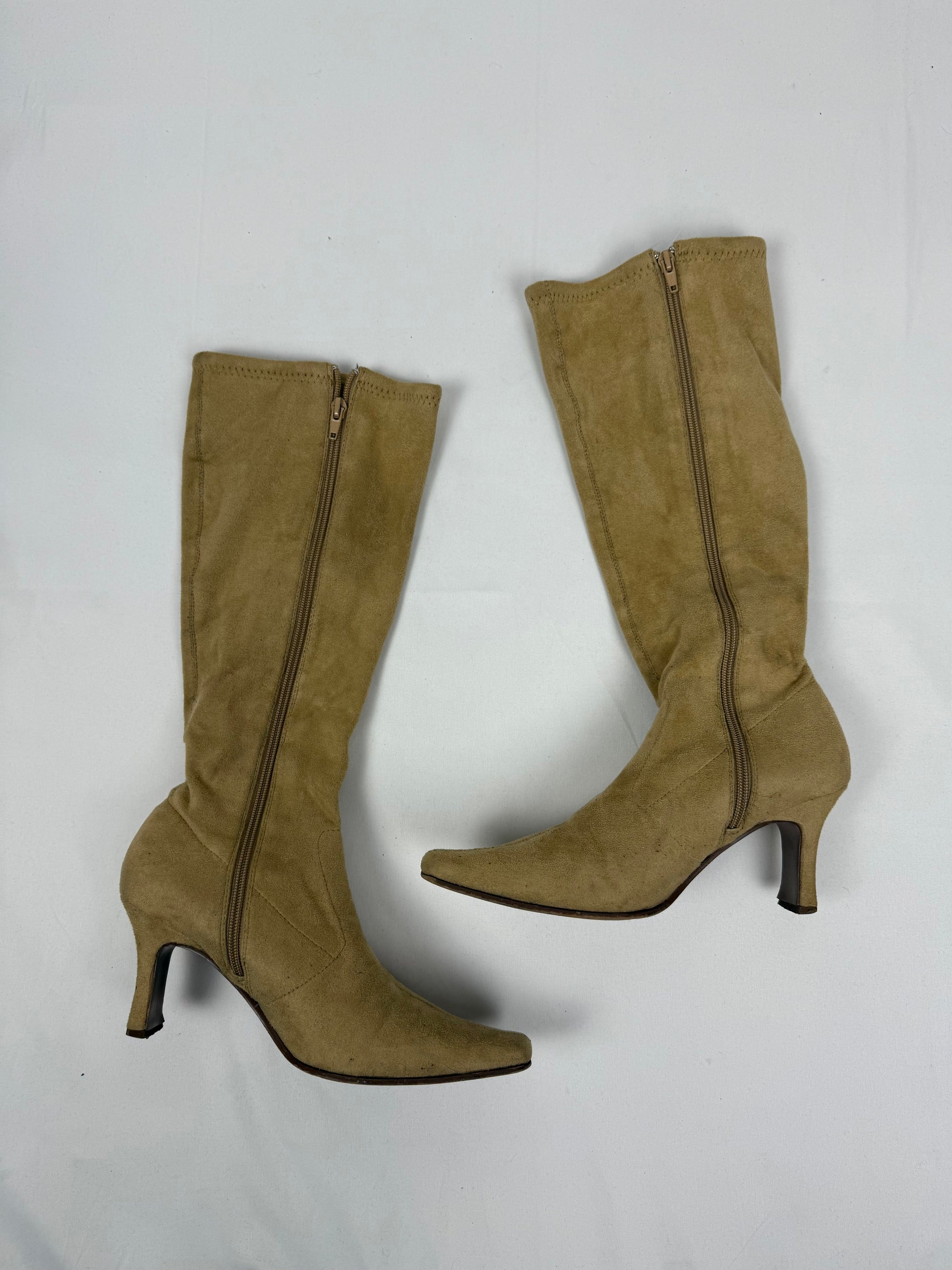 Beige floral embroidered knee high boots (39)