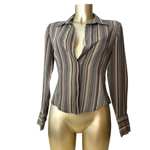 Khaki striped mesh long sleeves shirt (S/M)