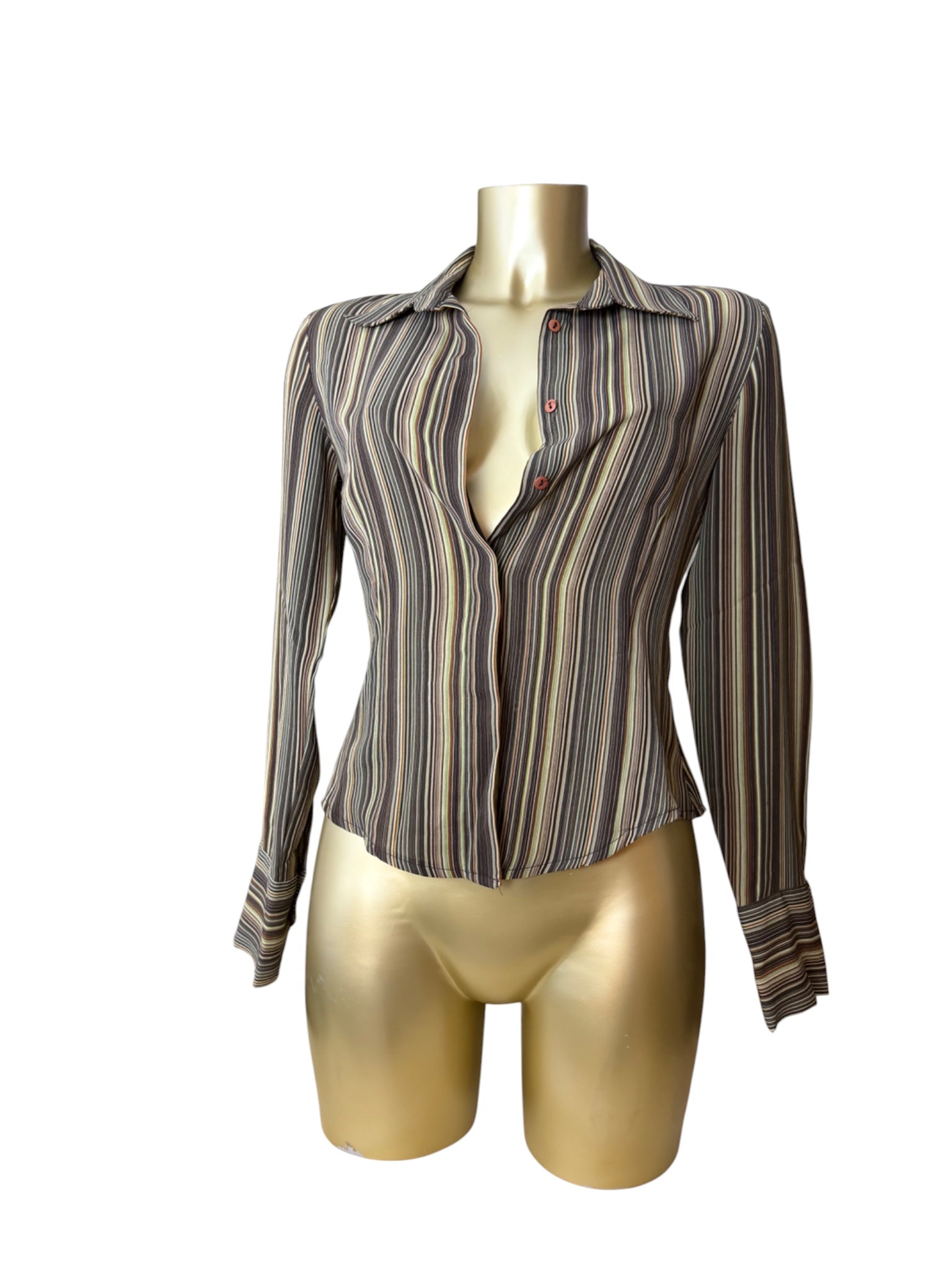 Khaki striped mesh long sleeves shirt (S/M)