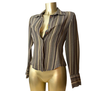 Khaki striped mesh long sleeves shirt (S/M)